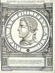 Iulius Philippus, illustratie uit Imperatorum romanorum omnium orientalium et occidentalium verissimae imagines ex antiquis numismatis, houtsnede door Rudolph Wyssenbach, gedrukt door Andreas Gesner, Zürich